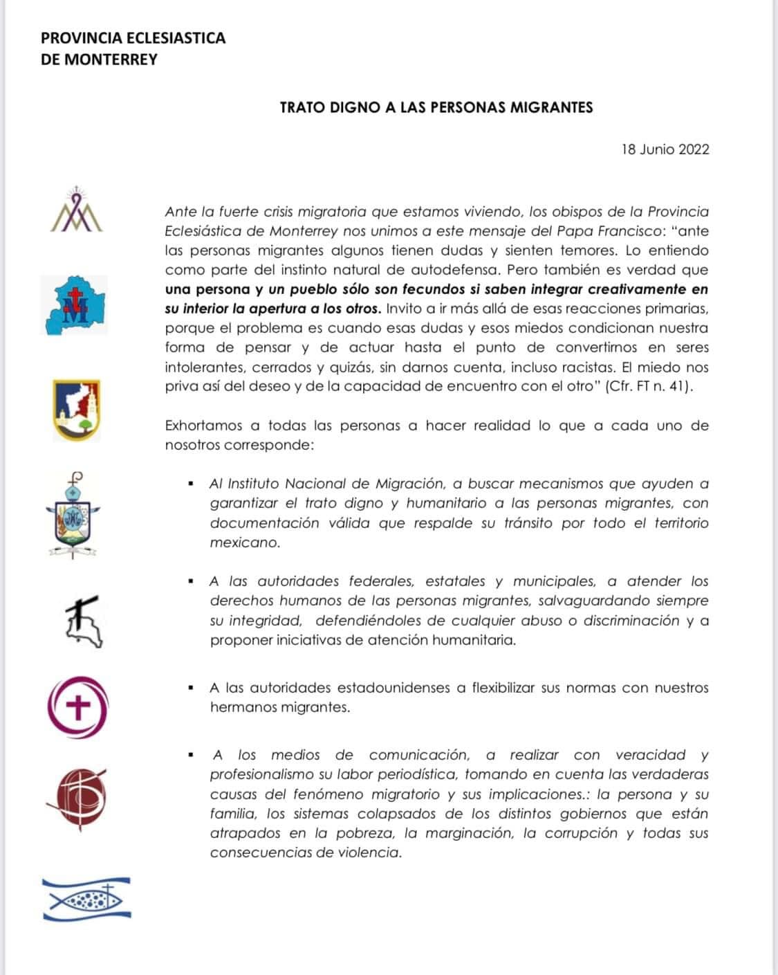 Trato digno a migrantes, obispos Trato digno a migrantes, obispos