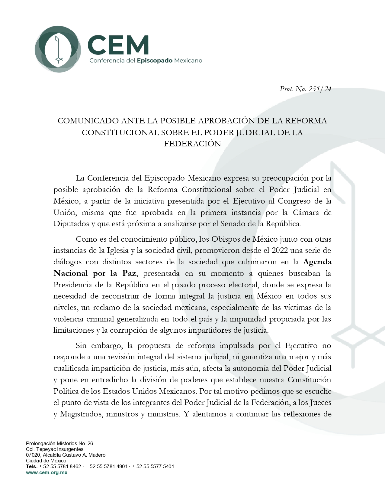 COMUNICADO ANTE LA POSIBLE APROBACIÓN DE LA REFORMA CONSTITUCIONAL SOBRE EL PODER JUDICIAL DE LA FEDERACIÓN page 0001