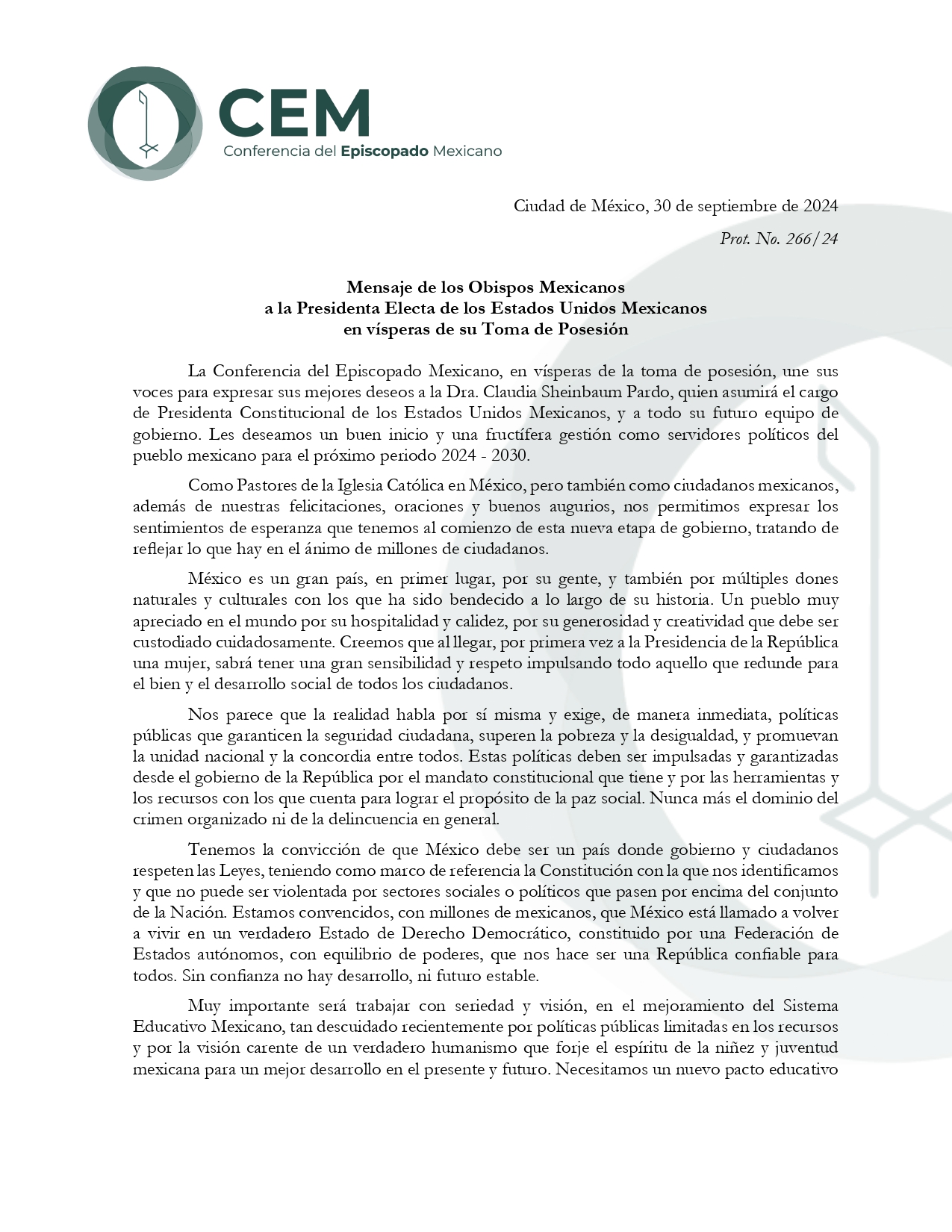 Mensaje de los Obispos a la Presidenta Sheinbaum page 0001