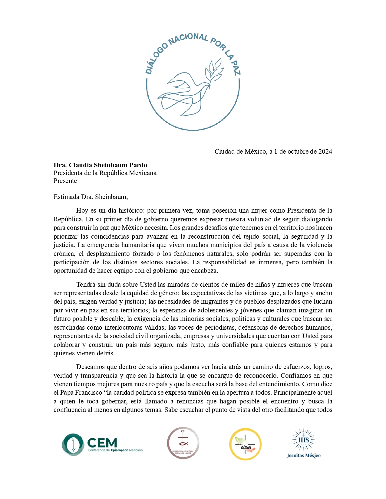 carta toma de posesión Claudia Sheibaum page 0001