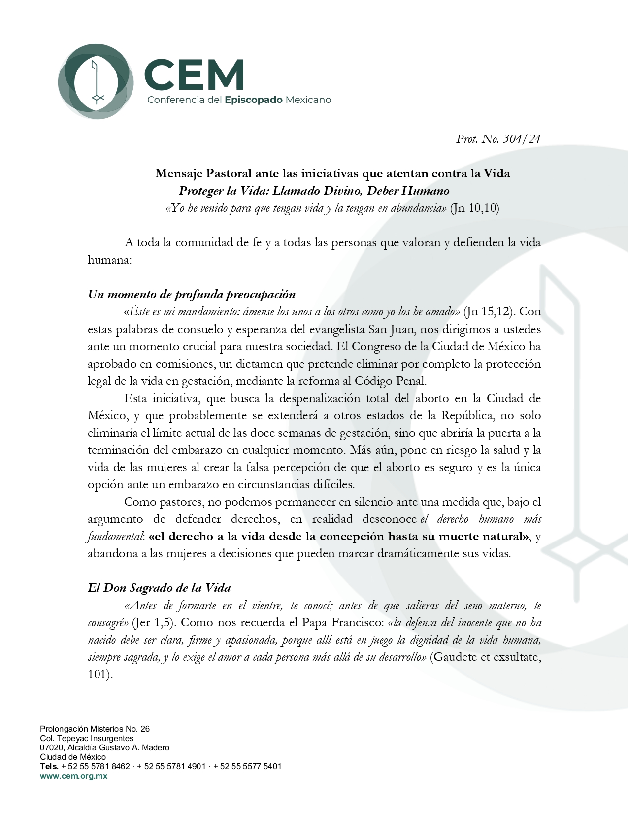 Mensaje Pastoral ante las iniciativas que atentan contra la Vida page 0001