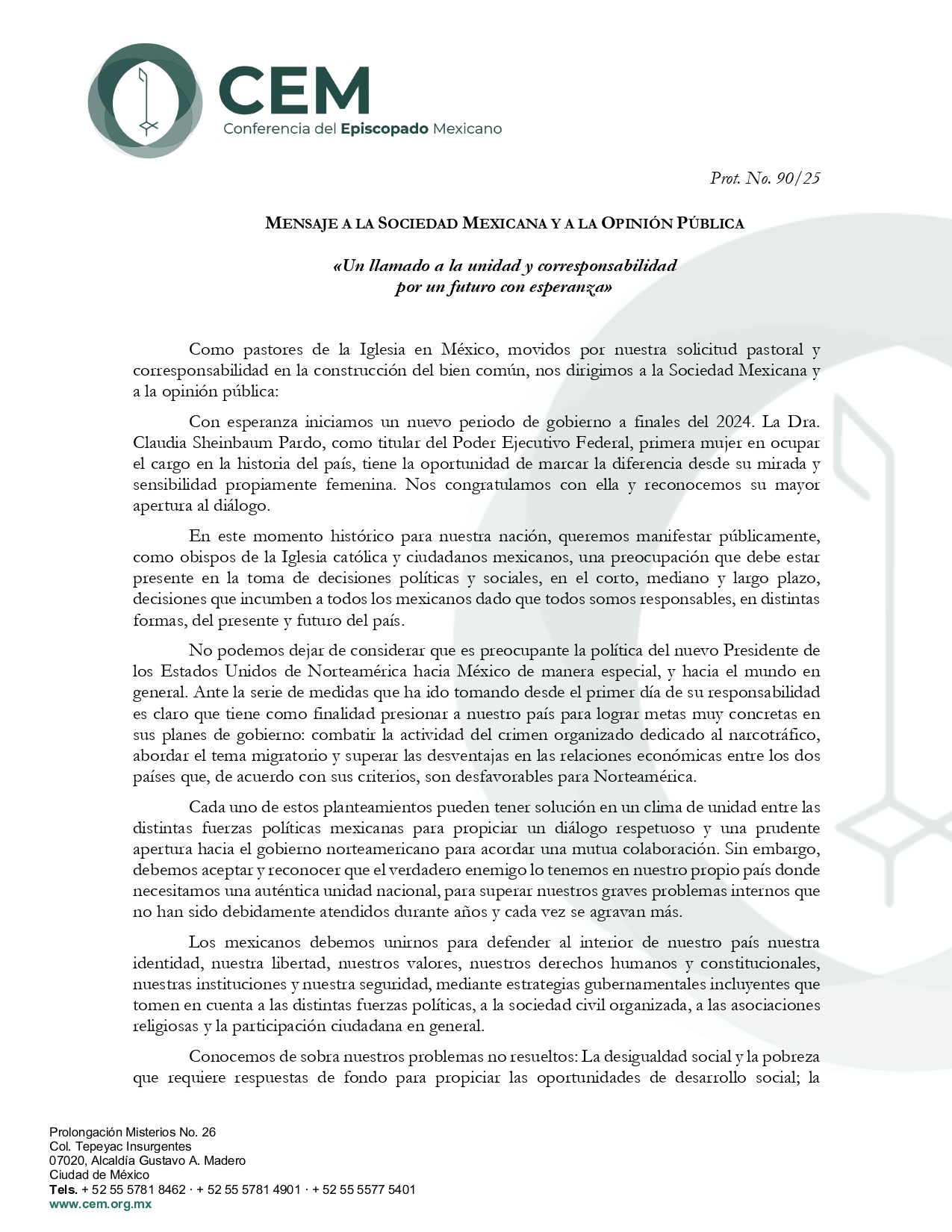 Mensaje Un llamado a la unidad y corresponsabilidad por un futuro con esperanza page 0001