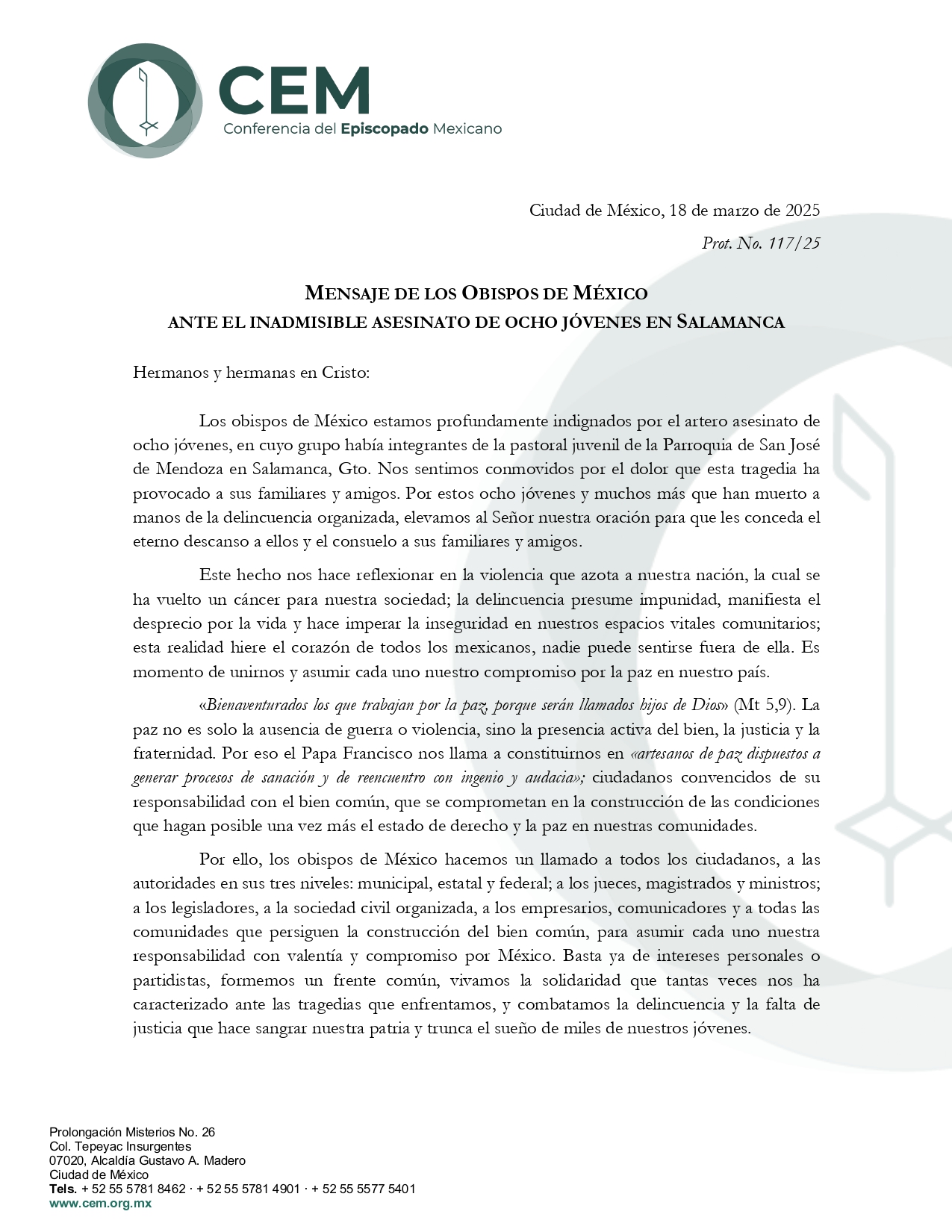 Mensaje de los Obispos de México ante la muerte de ocho jovenes en salamanca page 0001