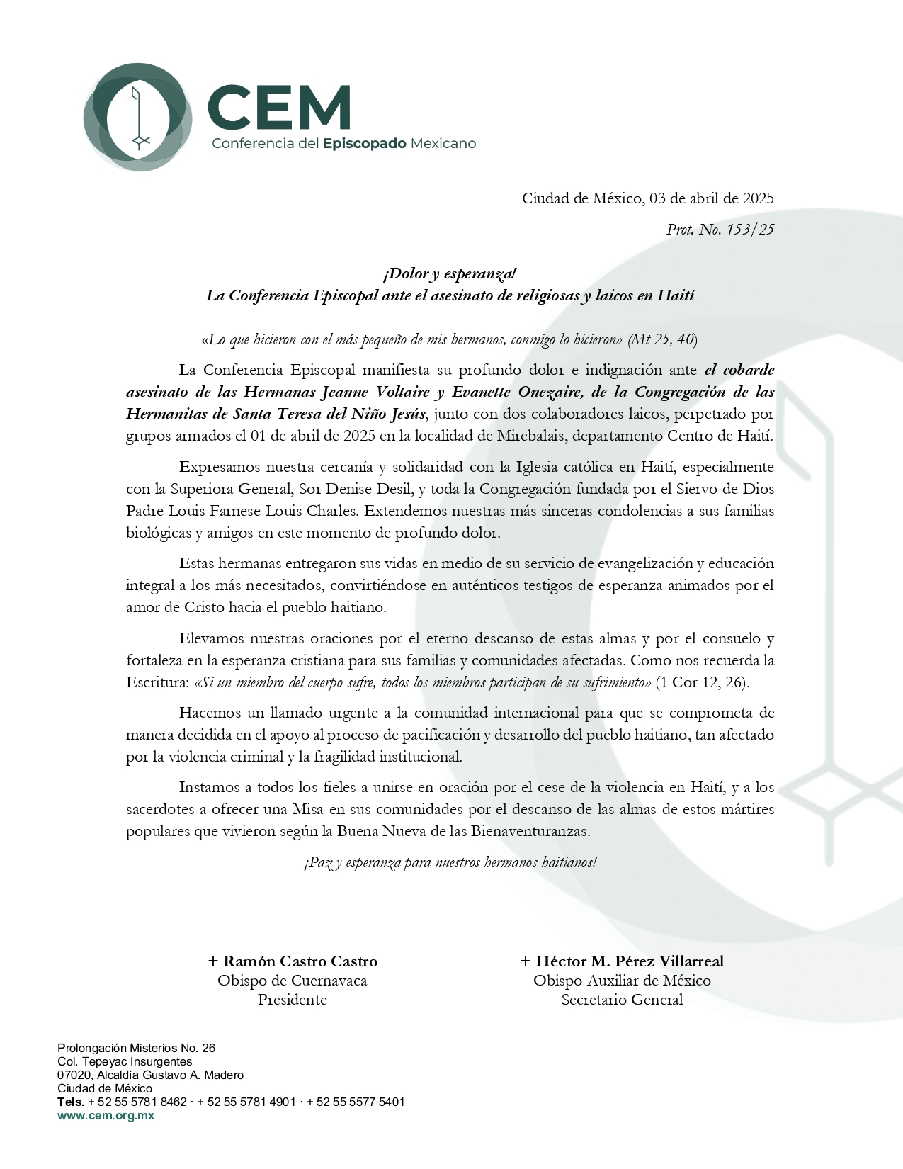Comunicado condolencias ante el asesinato de religiosas y laicos en Haití 2 page 0001