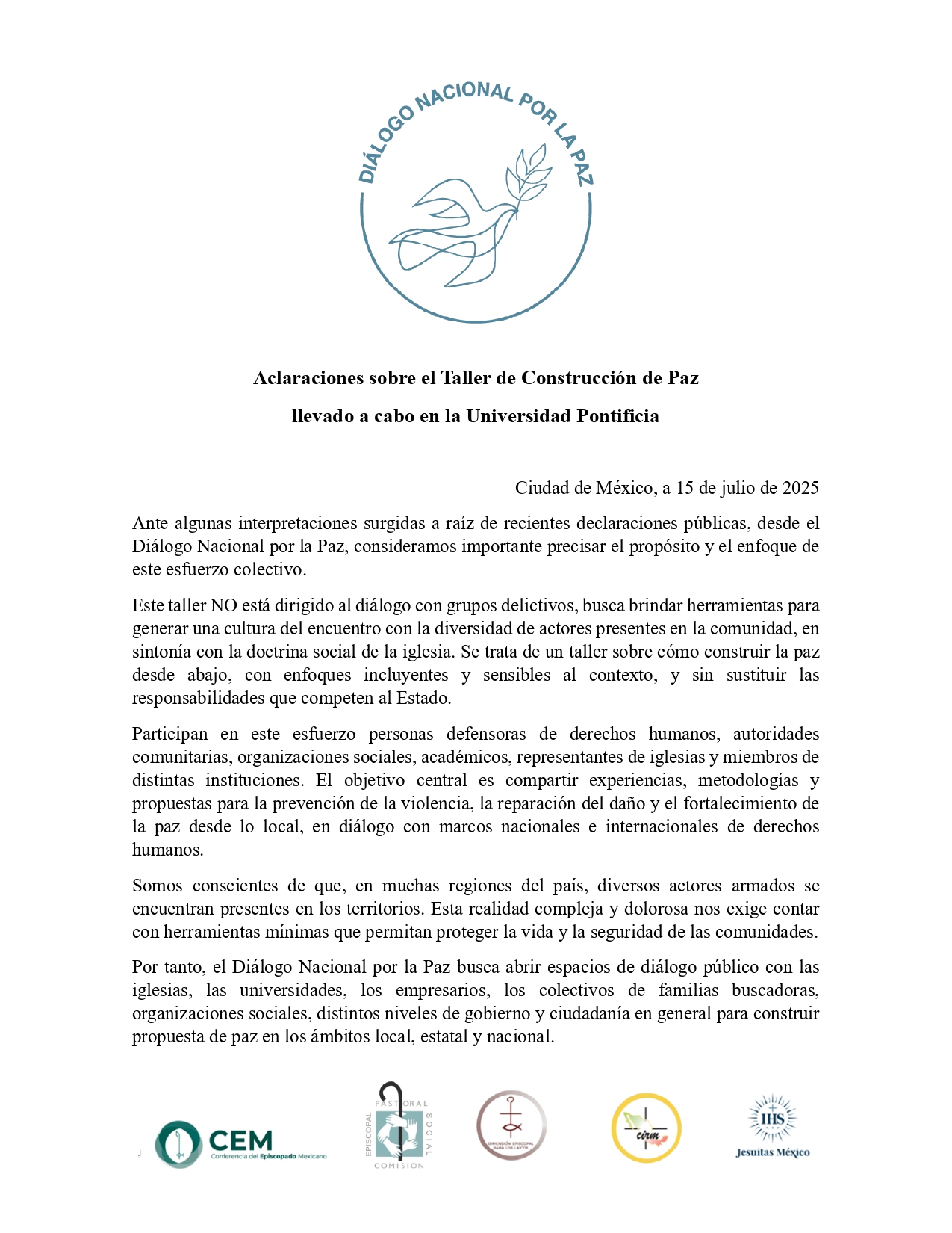 Aclaraciones sobre el Taller de Construcción de Paz llevado a cabo en la Universidad Pontificia page 0001