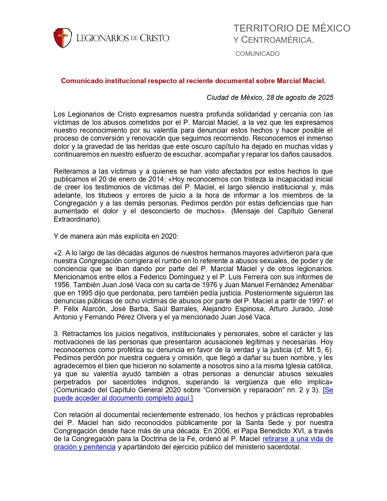 Comunicado institucional respecto al reciente documental sobre Marcial Maciel page 0001