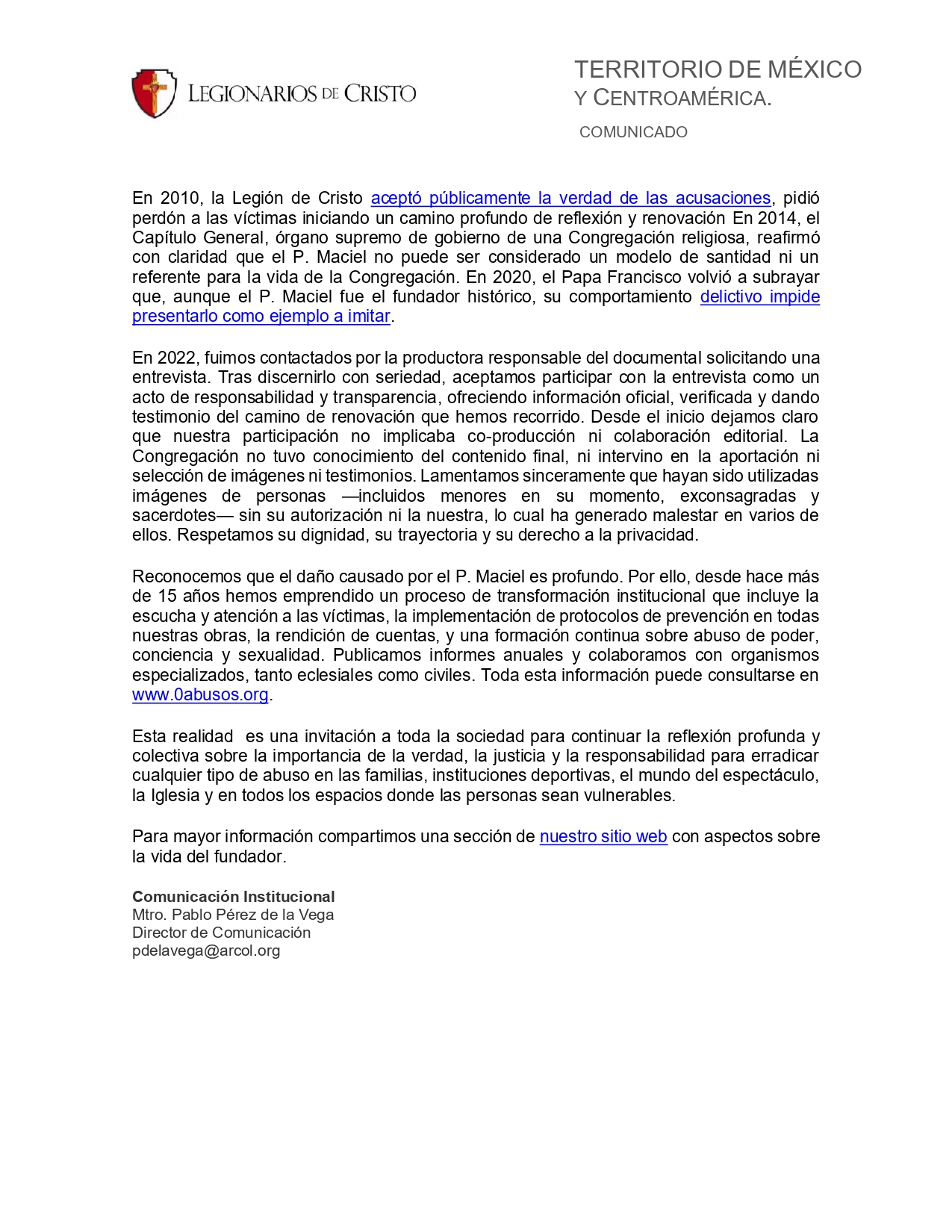 Comunicado institucional respecto al reciente documental sobre Marcial Maciel page 0002