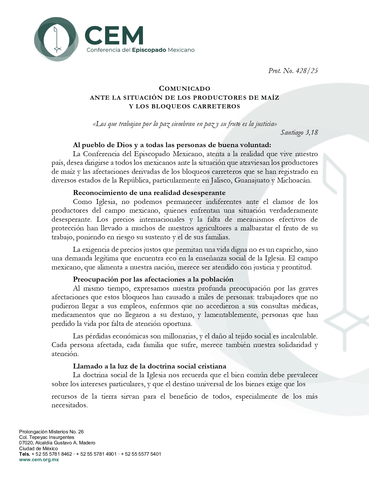 Comunicado ante la situación de los productores de maíz y bloqueos carreteros page 0001