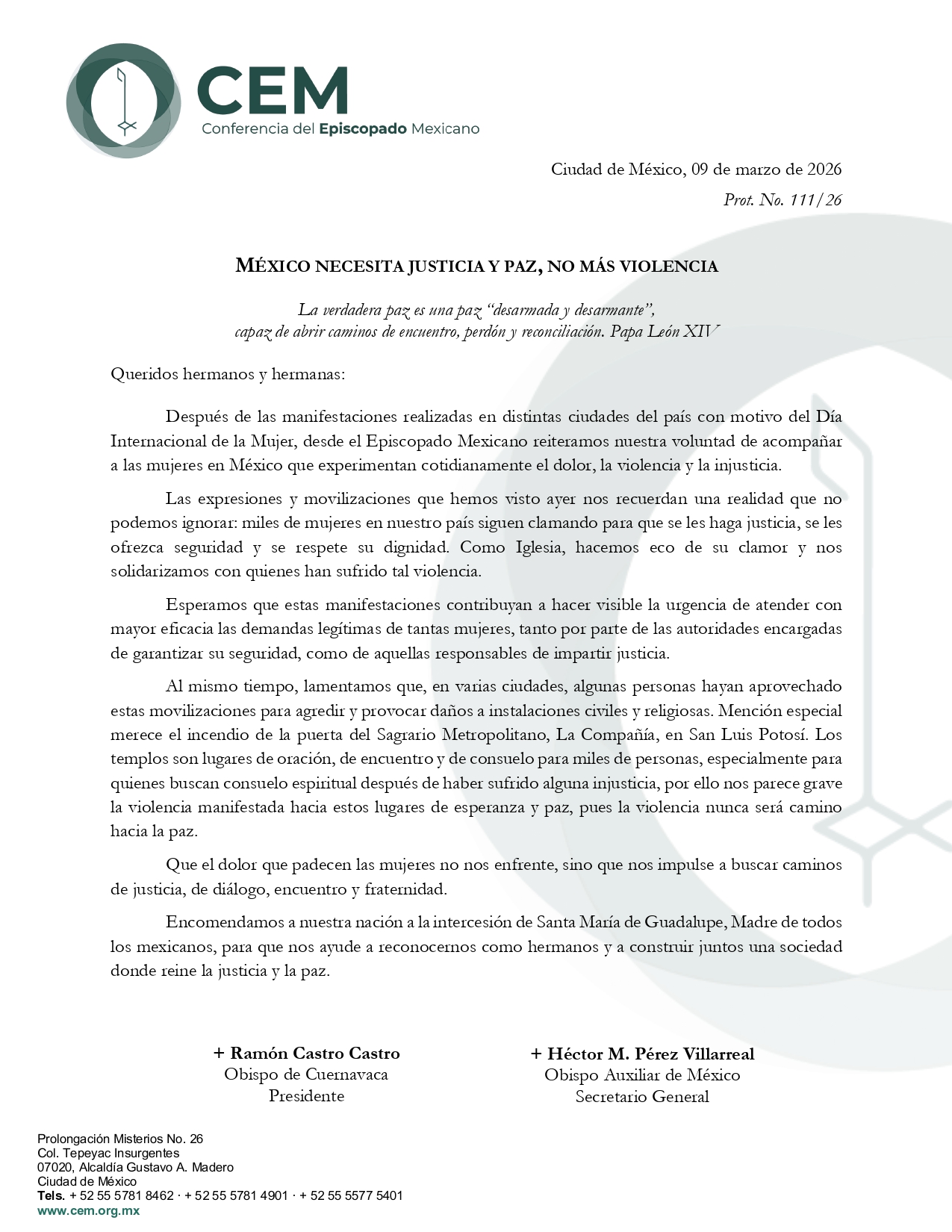 Comunicado México necesita justicia y paz no más violencia page 0001
