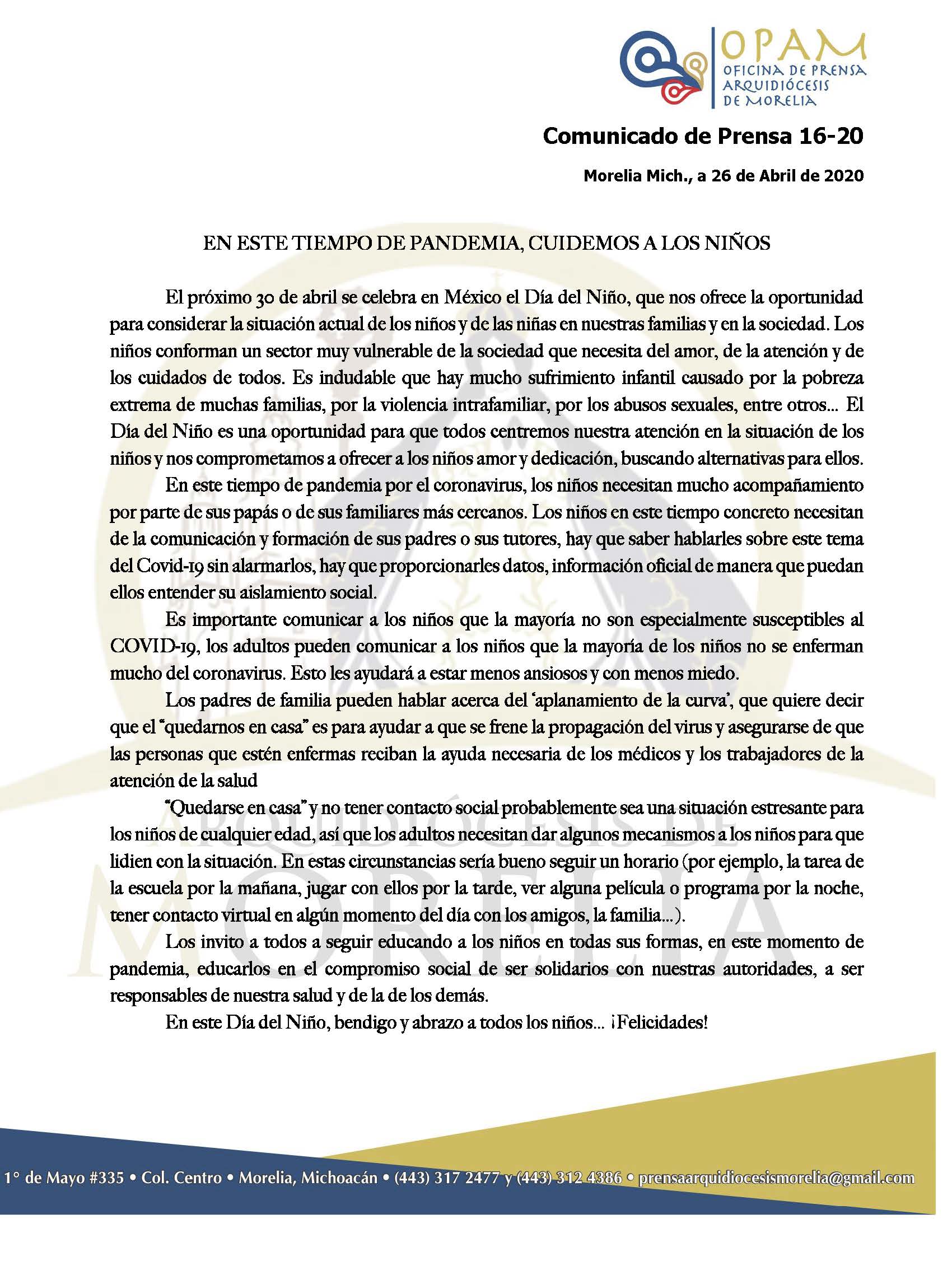 200426 Arquidiocesis de Morelia COMUNICADO 16 20 Página 1