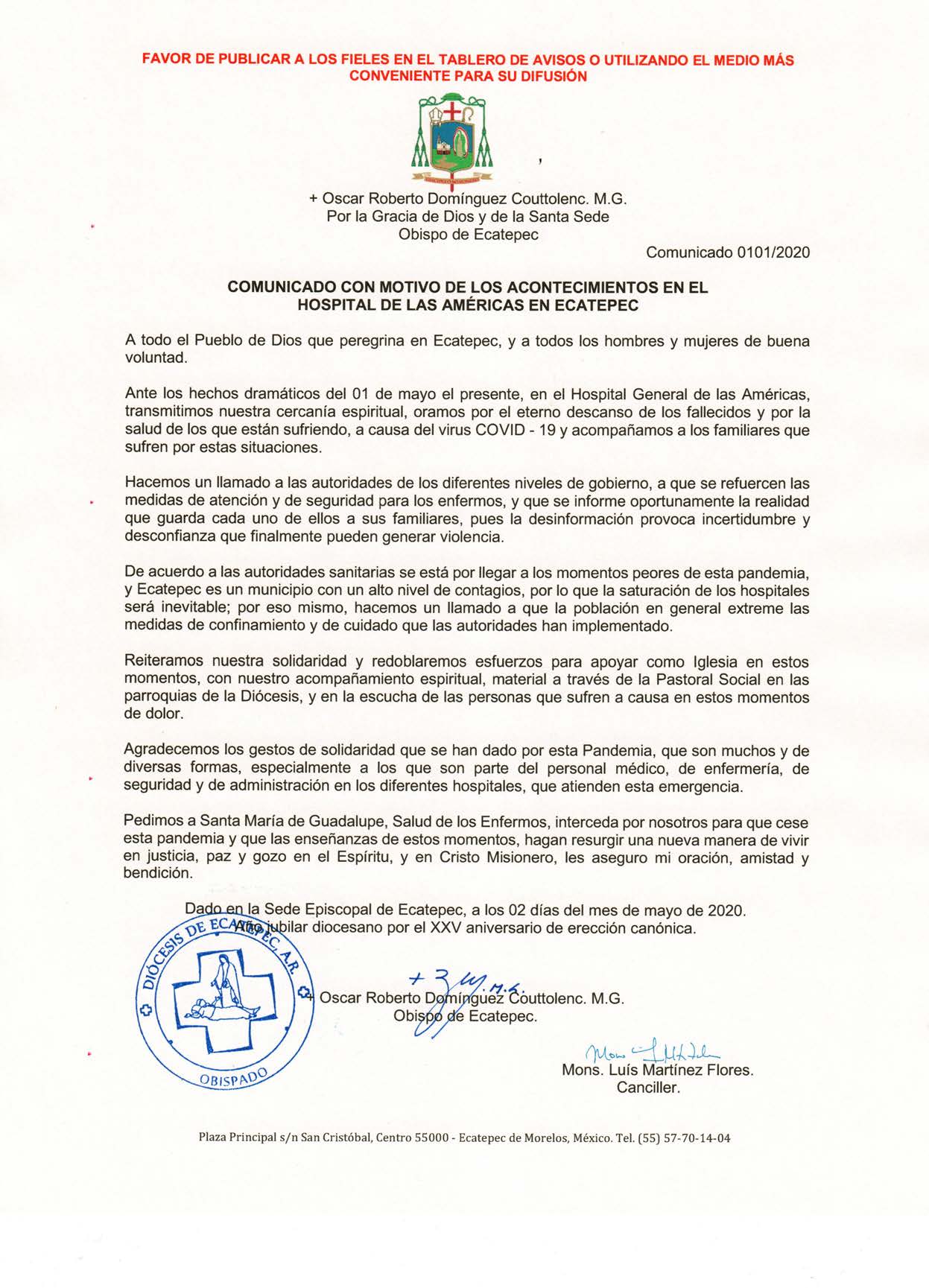 200502 Diocesis de Ecatepec COMUNICADO 0101 HOSP. LAS AMÉRICAS