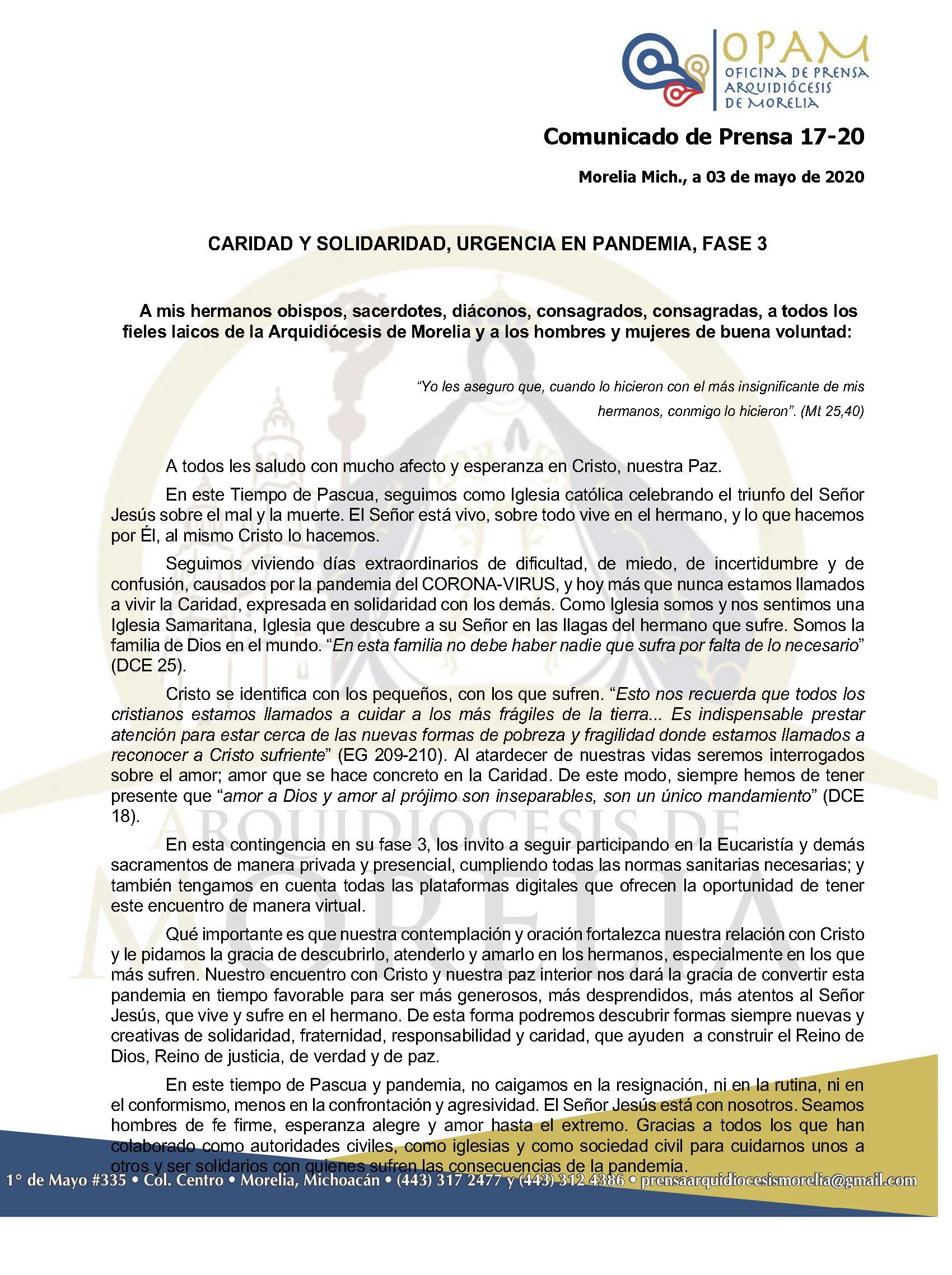 200503 Arquidiocesis de Morelia COMUNICADO 17 20 Página 1