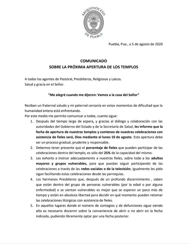200805 Arquidiocesis de Puebla Apertura de Templos 1